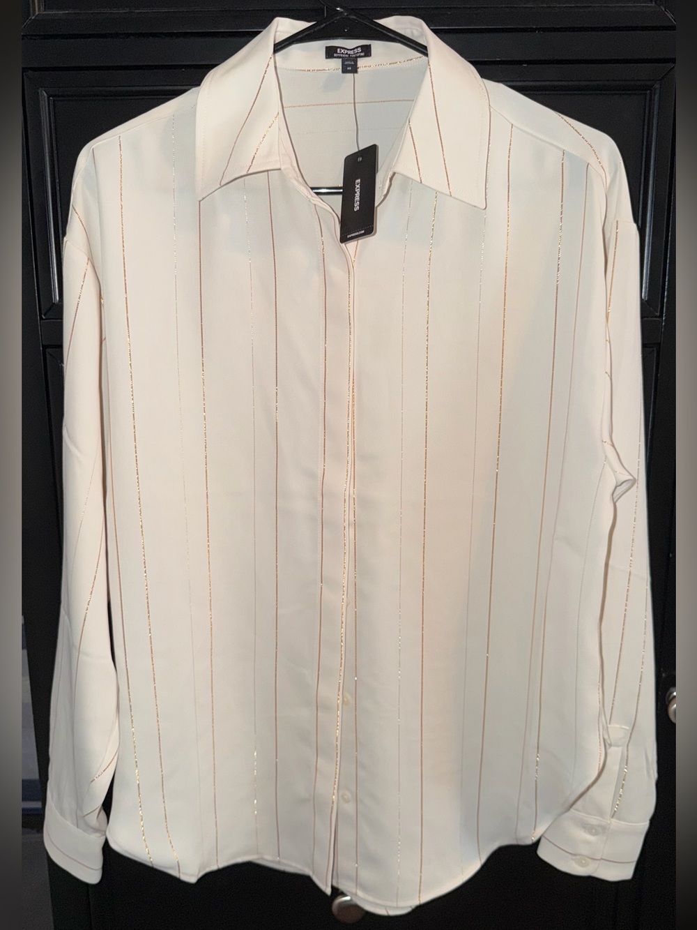 Express Cream Button-Front Shirt with Gold Pinstripes